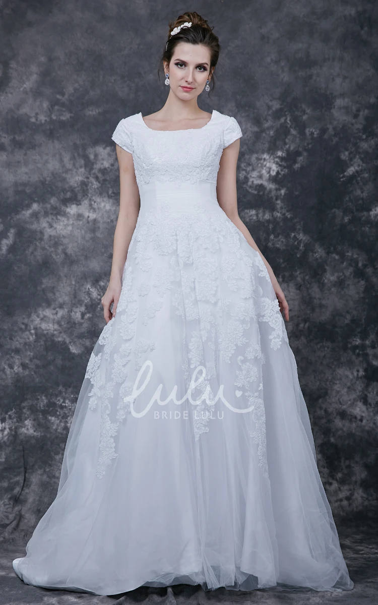 Modest Lace Cap Sleeve Wedding Dress with Court Train in Vintage Style