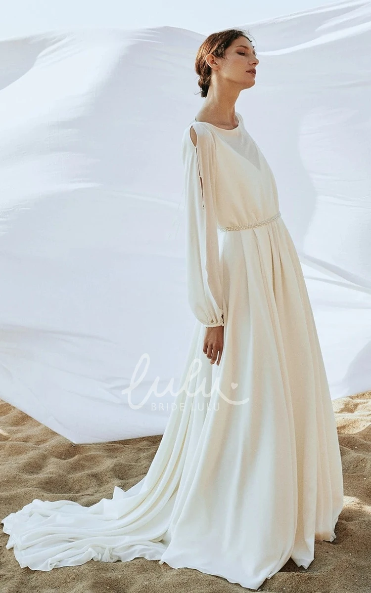 Chiffon A Line Wedding Dress with Bateau Neck & Court Train Ethereal & Elegant