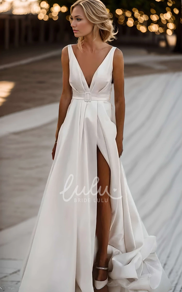 Modern Sexy Deep V Neck Satin Sleeveless Wedding Dress A-line Front Slit Train Gown
