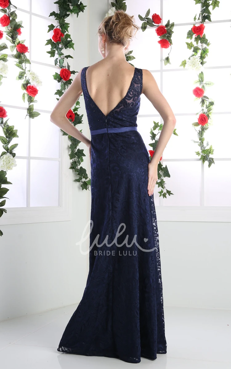 Short Sleeveless V-Neck Sheath Formal Dress with Beading and Lace