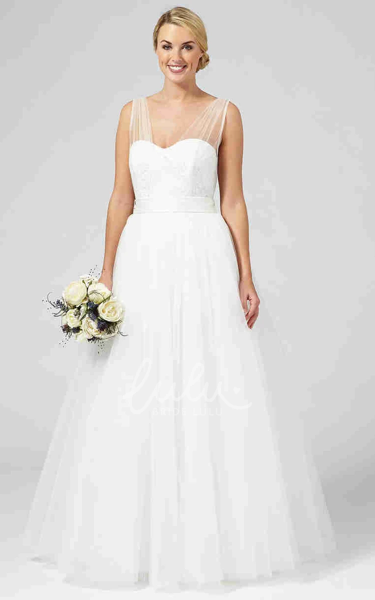 Tulle A-Line Wedding Dress Bowed Floor-Length Sleeveless Bridal Gown with Lace