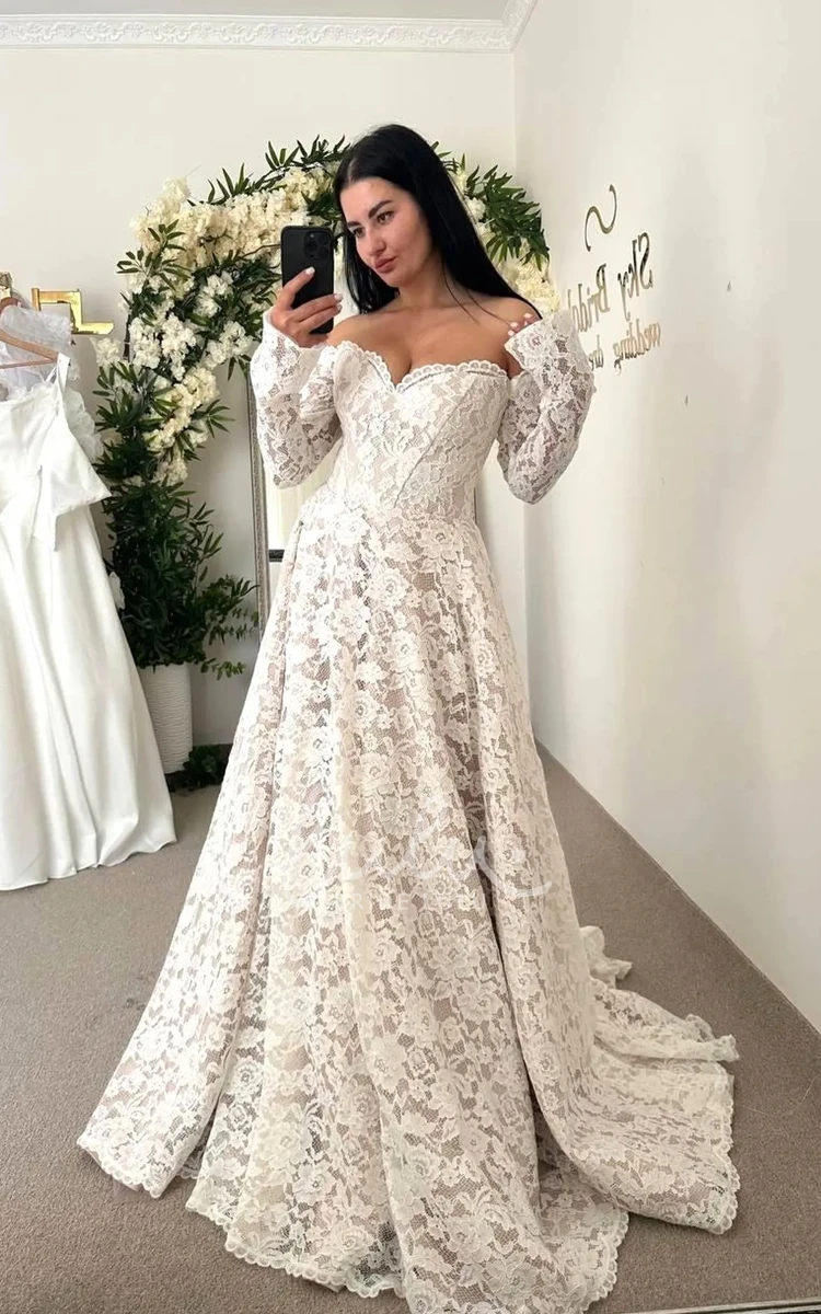 Bohemian Floral Lace Off Shoulder A Line Wedding Dress Classic Long Sleeve Bridal Gown with Sweetheart
