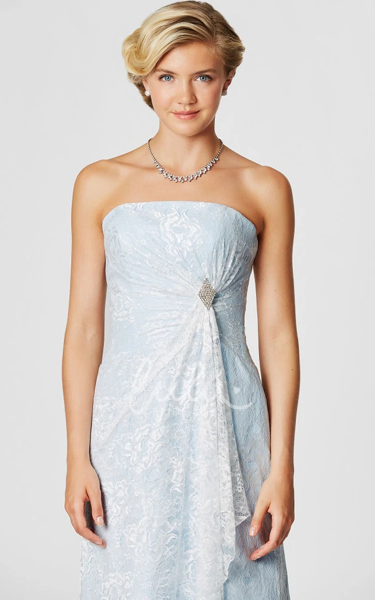 Appliqued Lace Strapless Bridesmaid Dress with Draping and Broach Modern Dress