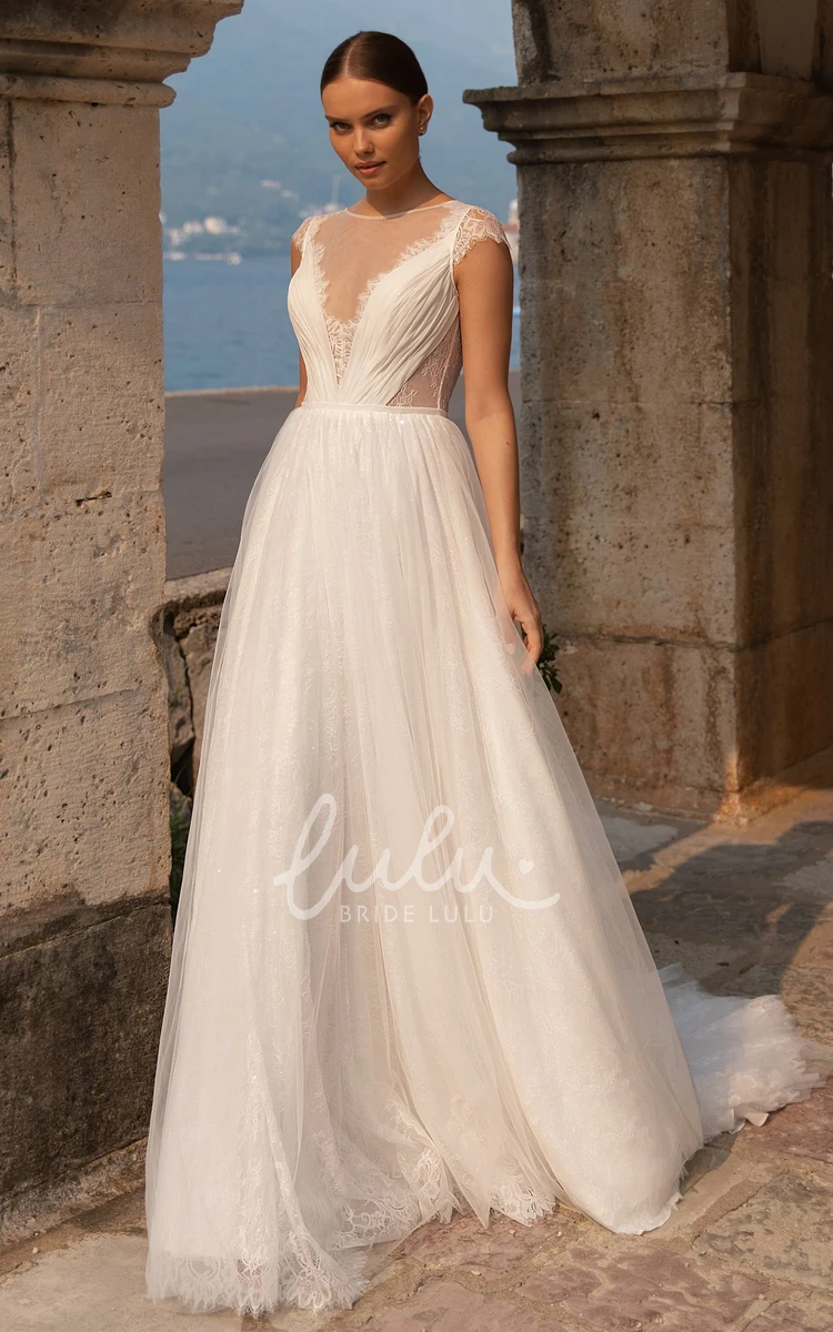 Bateau Neck Tulle Wedding Gown with Ruching Bohemian Bridal Dress