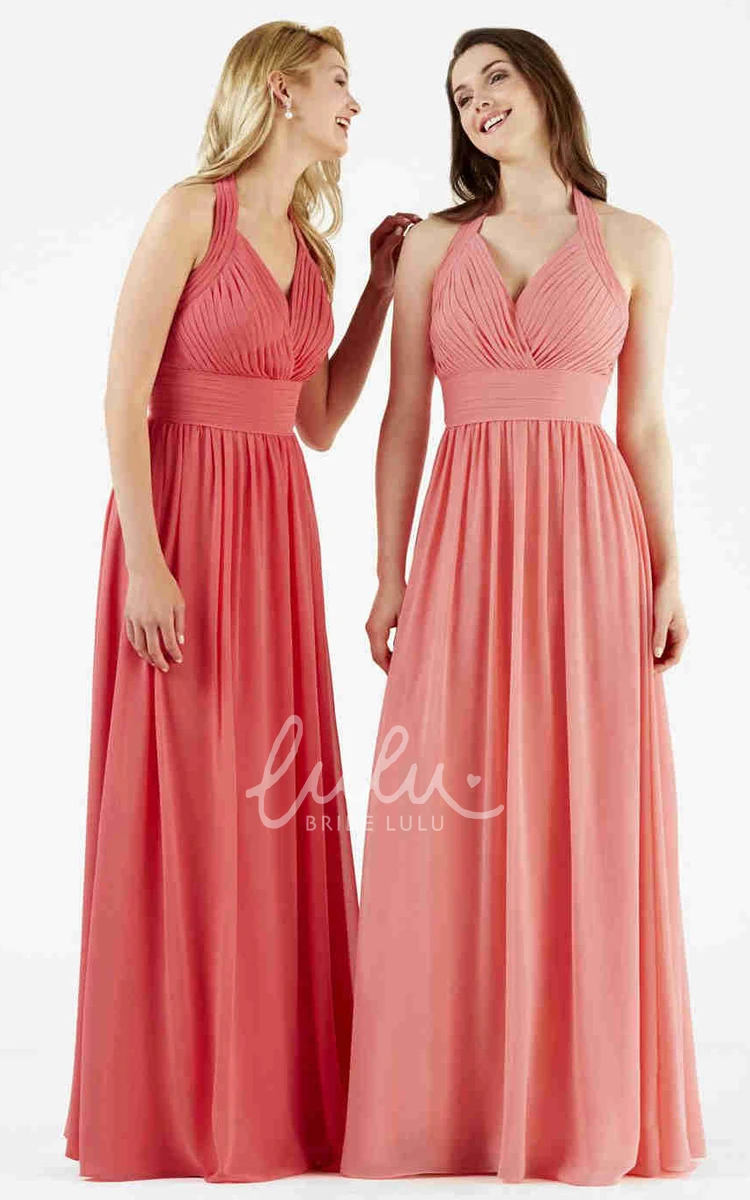 Halter Chiffon Bridesmaid Dress with V Back Ruched Long Elegant