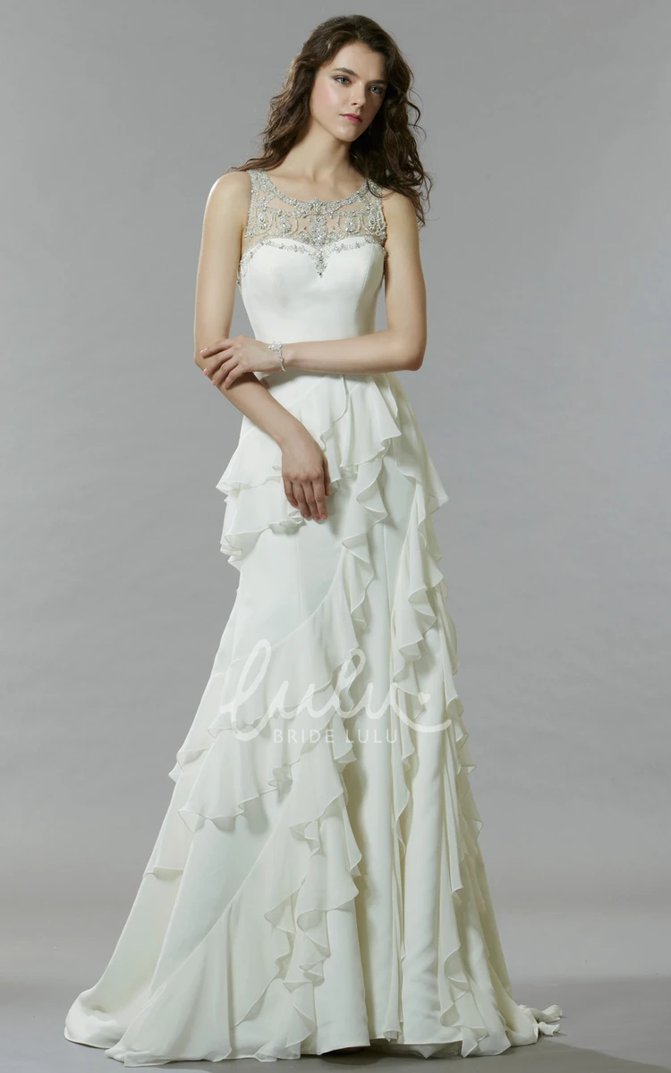 Cascading-Ruffle Satin&Chiffon Wedding Dress with Illusion Back Sheath Bridal Gown