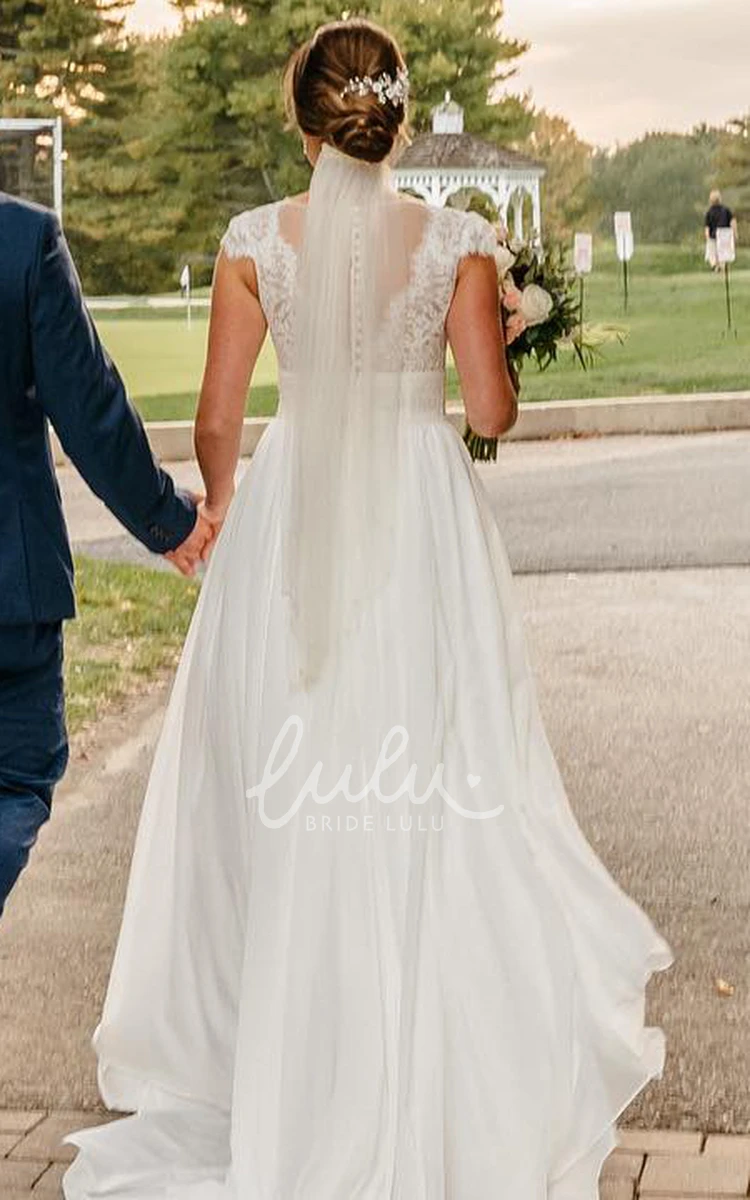 A-Line Modest Lace Cap Sleeve Low V-Neck Illusion Back Tulle Trailing Wedding Dress