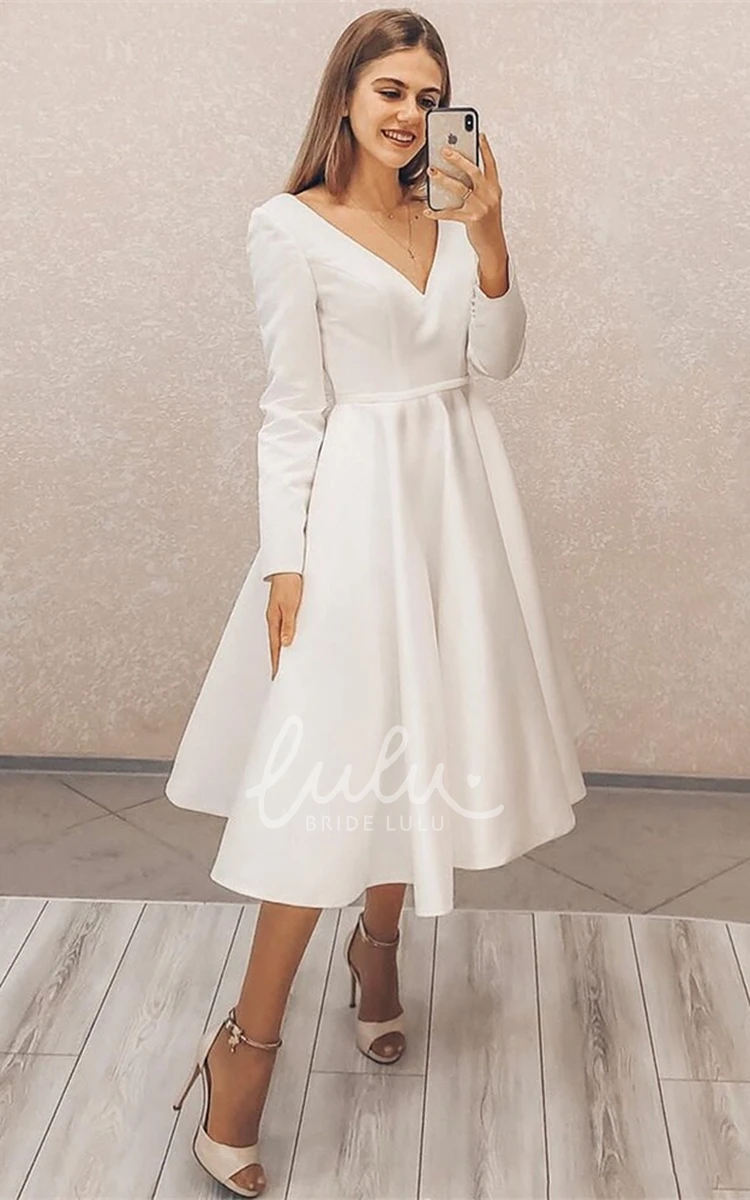 Satin V-neck A-line Tea-length Wedding Dress Elegant and Timeless