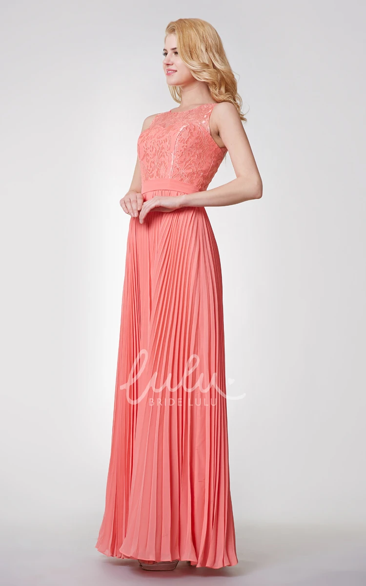 Lace Neckline A-line Chiffon Bridesmaid Dress with Pleated Skirt