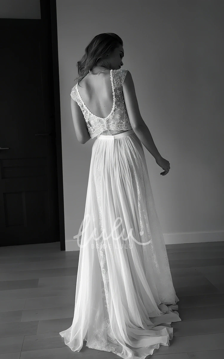 Elegant Boho A-Line Two-Piece Sleeveless Chiffon Beading Wedding Dress with Sweep Train