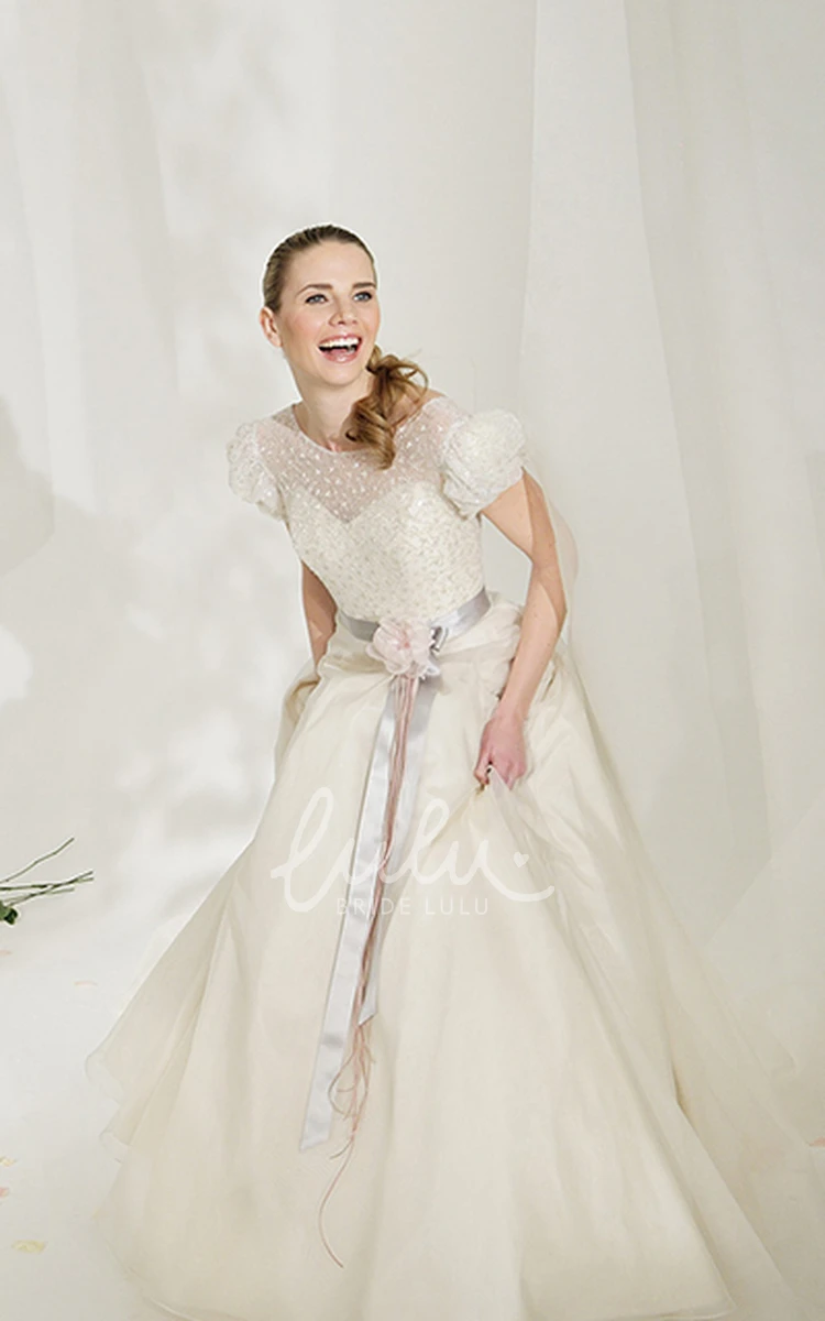 Long Tulle&Satin Wedding Dress with Flower and V Back A-Line High Neck Puff-Sleeve