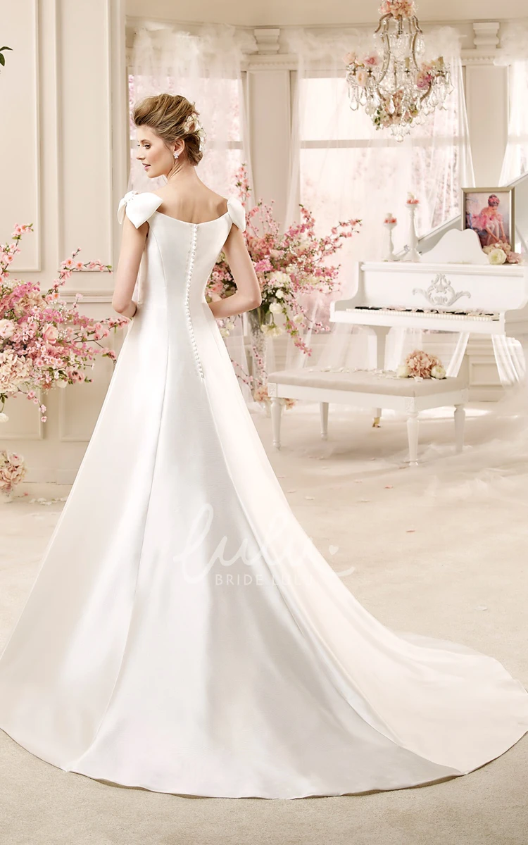 Satin A-Line Wedding Dress with Shoulder Bow and Brush Train