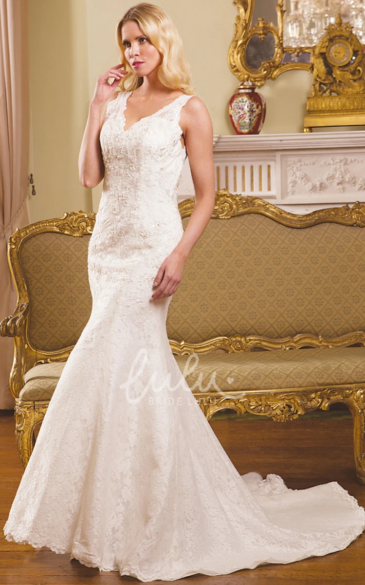 Lace V-Neck Wedding Dress with Court Train and V Back Elegant Bridal Gown