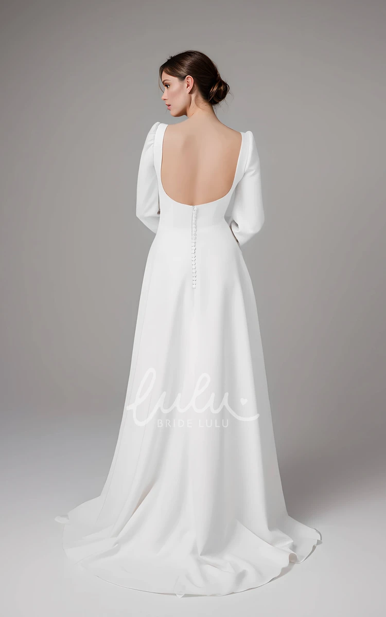 Modern Simple A-Line Puff Long Sleeve Maxi Wedding Dress Elegant Casual Square Neck Low Back Sweep Train Bridal Gown