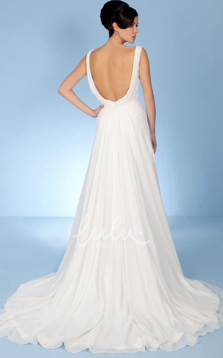 V-Neck Ruched Chiffon Wedding Dress with Court Train and V Back Elegant Bridal Gown
