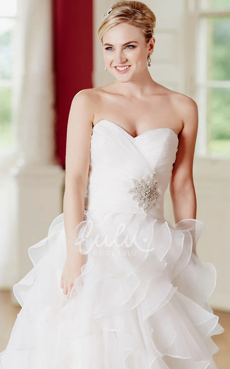 Ruffled Sweetheart Tulle Wedding Dress with Criss Cross and Broach Floor-Length