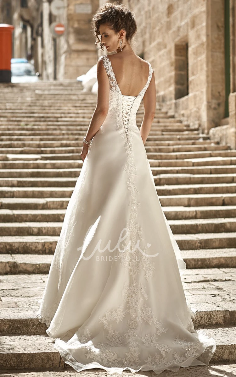 Satin&Lace A-Line Wedding Dress with V-Neck and Side Draping Modern Wedding Dress