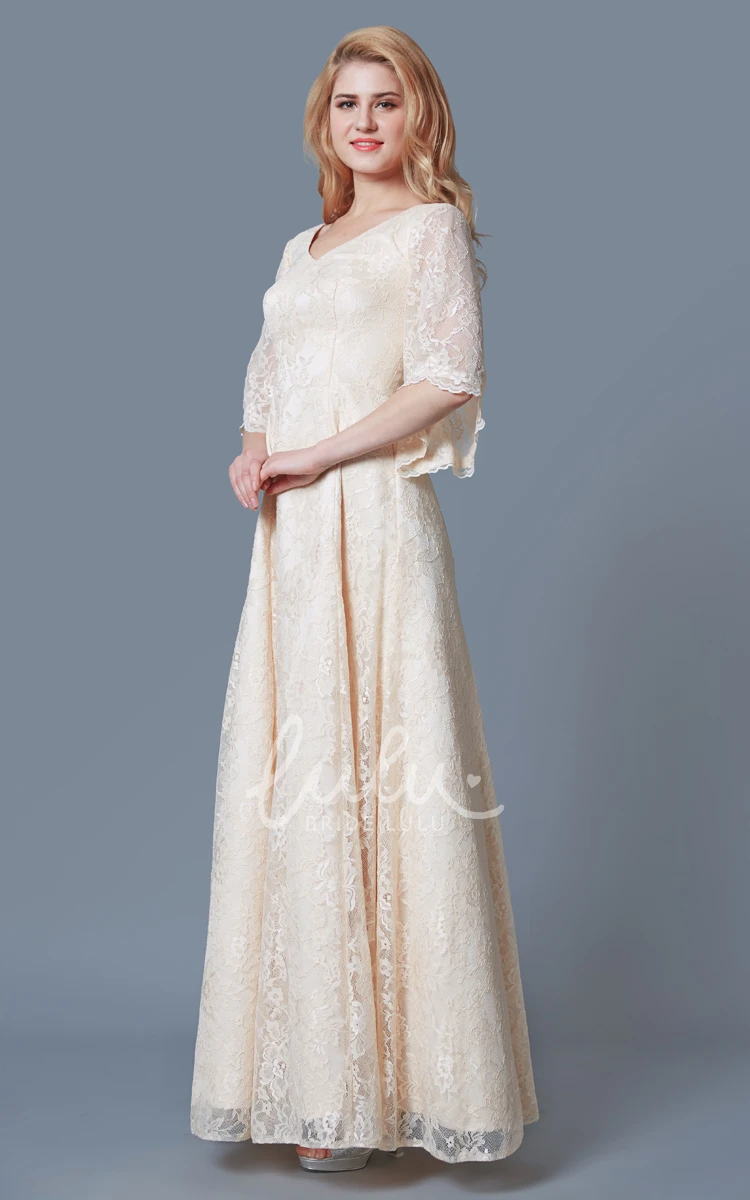 Long Lace Bridesmaid Dress with Bell Sleeves Vintage V Neck