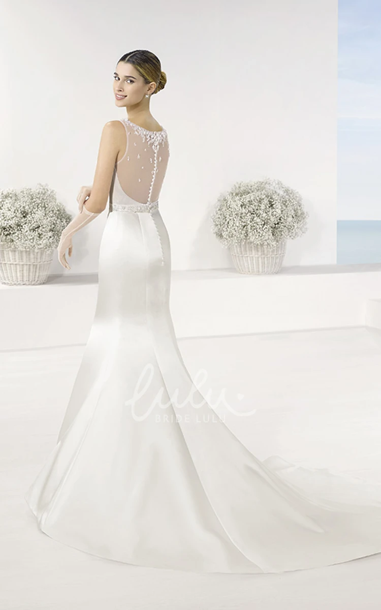 Sleeveless Mermaid Satin Wedding Dress with Jewelled Waist and Illusion Back