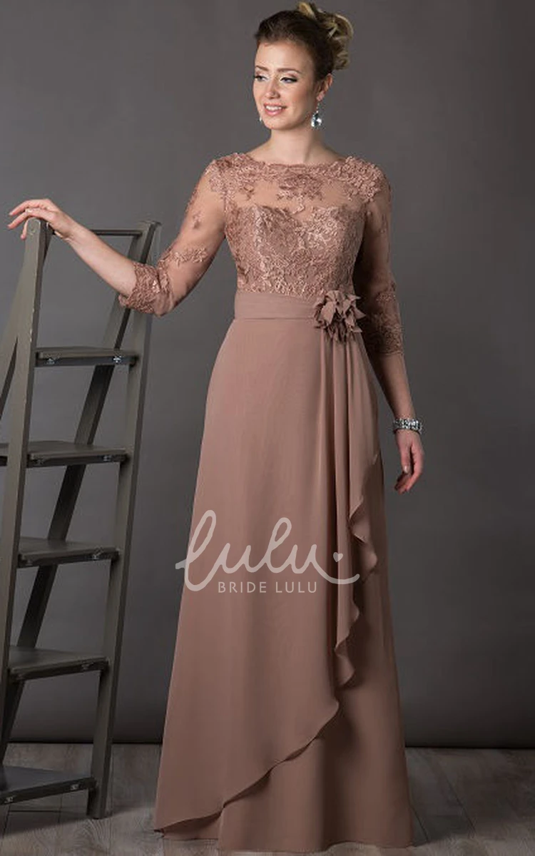 A-Line Chiffon Mother of the Bride Dress with Bateau Neck and 3/4 Sleeves Appliques Flower Draping