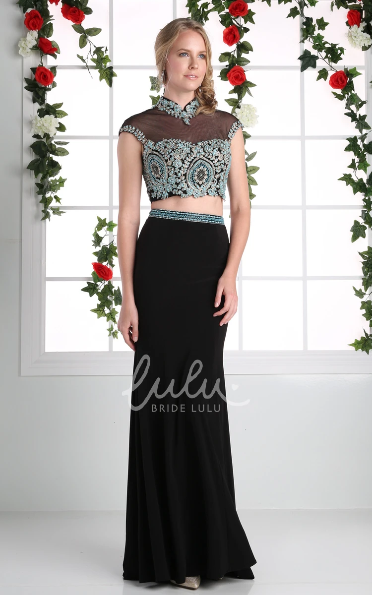 High Neck Cap-Sleeve Jersey Formal Dress With Beading