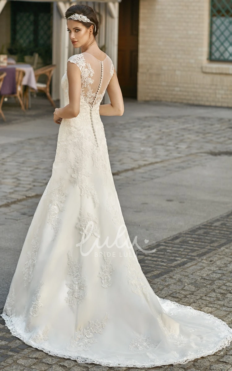 Lace&Satin A-Line Cap-Sleeve Wedding Dress with Scoop-Neck Elegant Wedding Dress