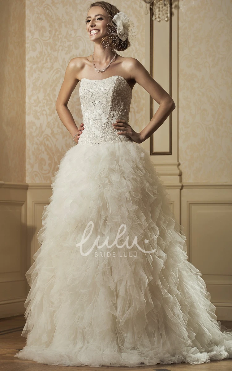Beaded and Appliqued Ball Gown Wedding Dress with Strapless Ruffles and Tulle