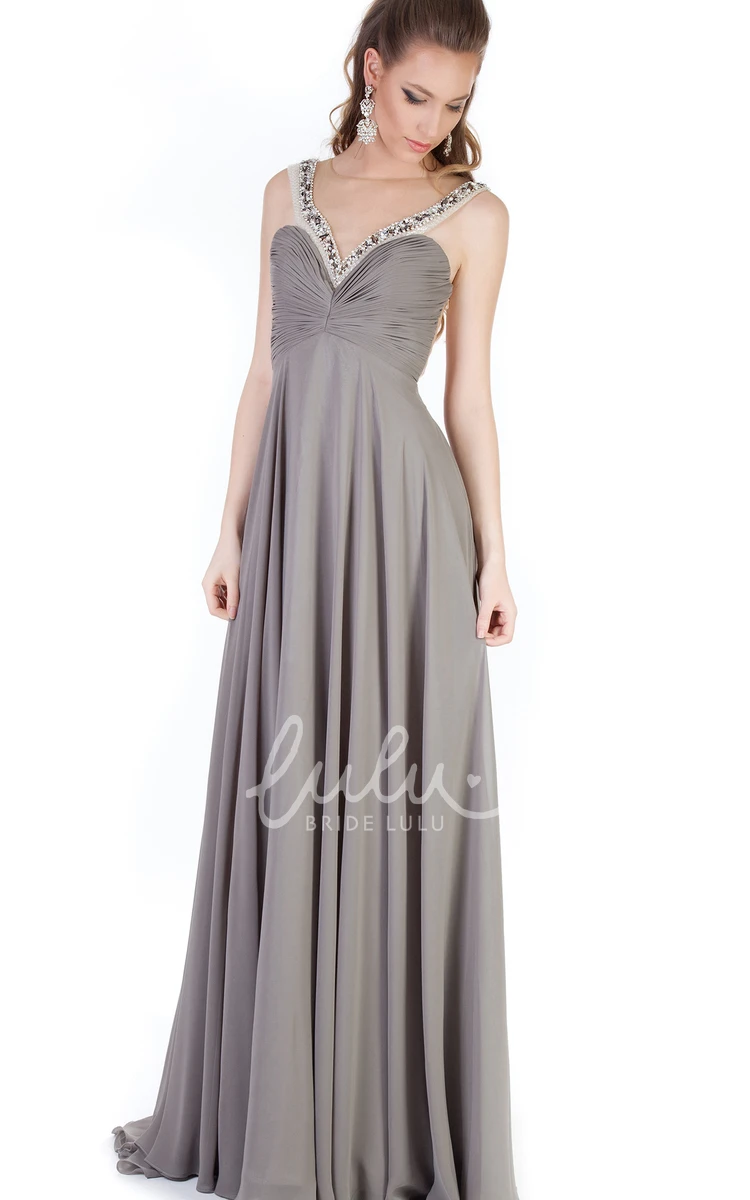 Jewel-Neck Sleeveless Empire Prom Dress with Beading and Ruching