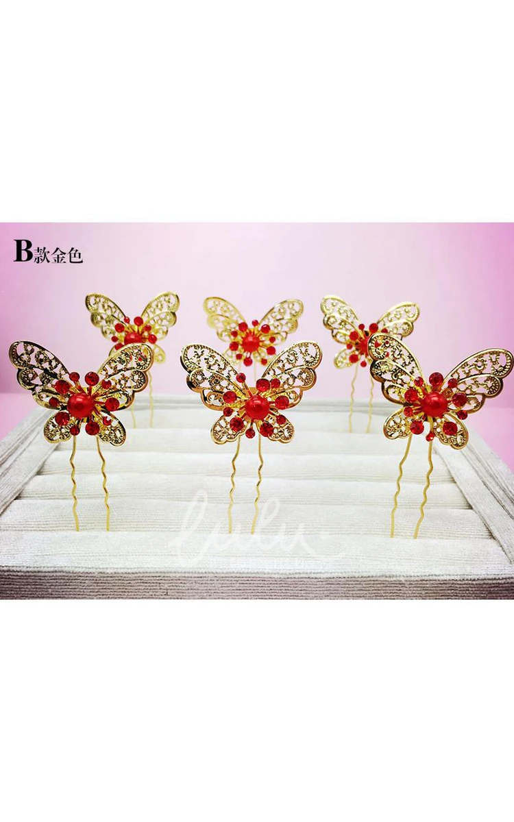 Chinese Cheongsam Wedding Hair Accessories Set with Red Hairpin U-Shaped Clip and Plate