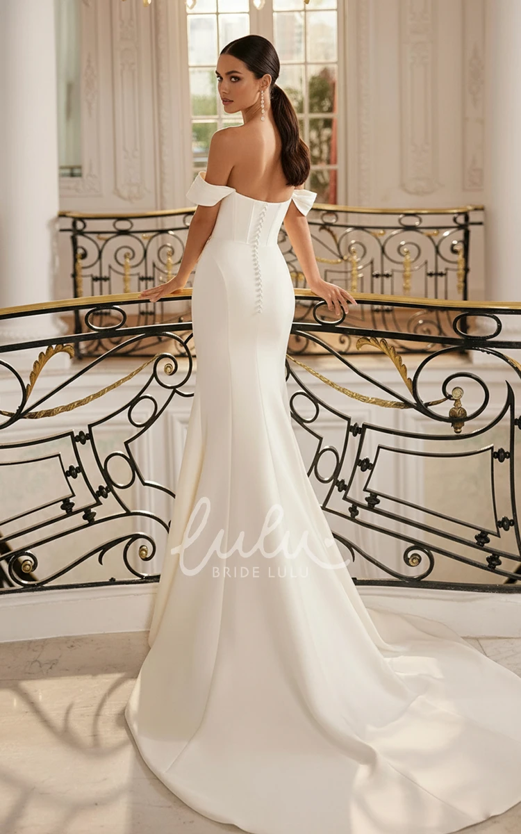 Mermaid Satin Summer Wedding Dress Destination Off Shoulder Sweetheart Neck Fitted Bridal Gown Court Train Elegant Modern