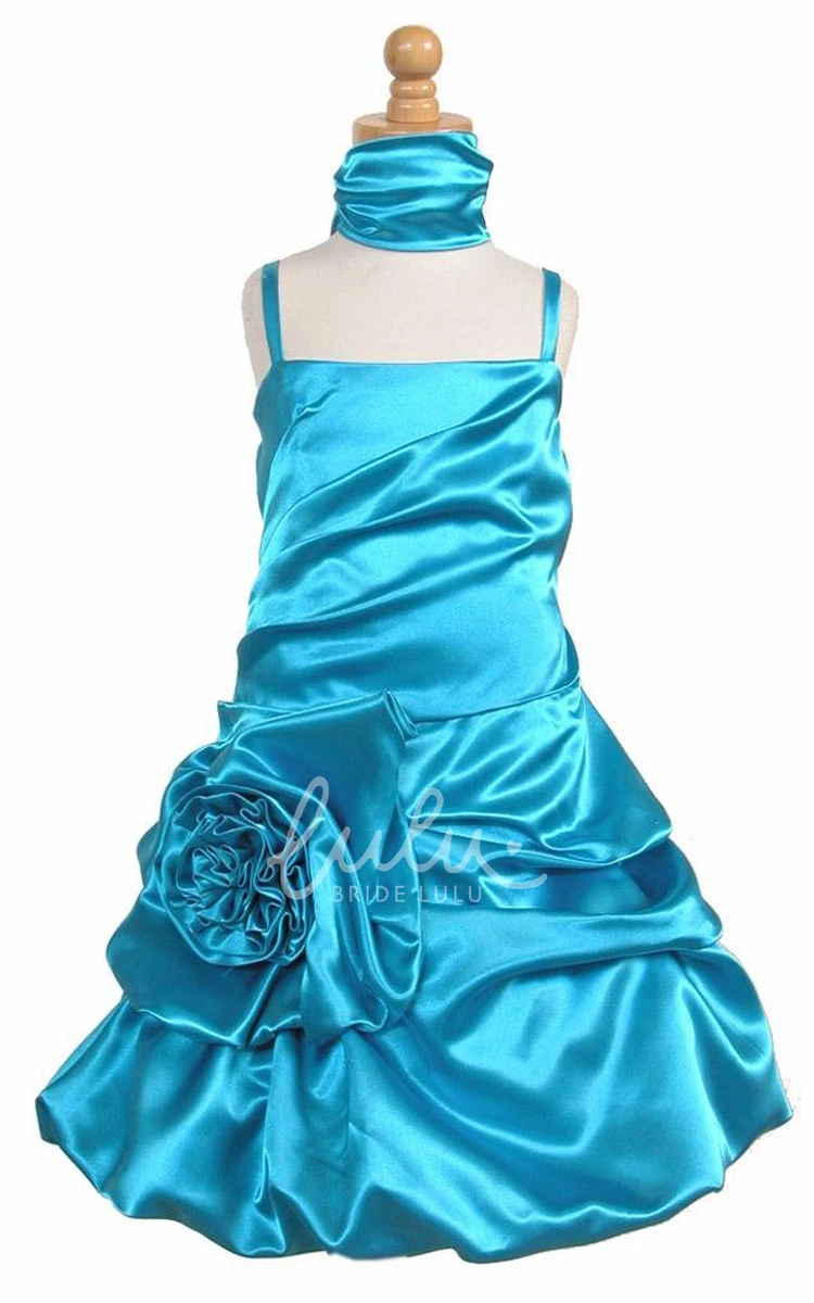 Pleated Tulle&Satin Flower Girl Dress with Jewel Neckline Tea-Length