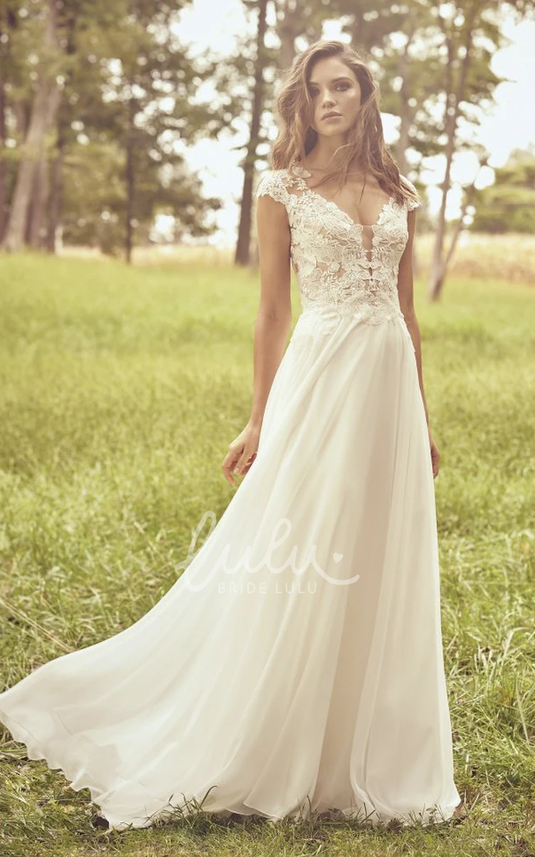 Illusion Plunging Neckline Chiffon Wedding Dress with Appliqued Lace and Cap Sleeves