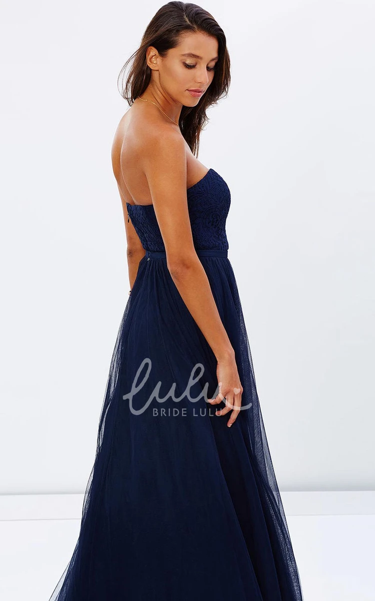 Pleated Ribbon A-Line Sleeveless Lace Sweetheart Tulle Bridesmaid Dress