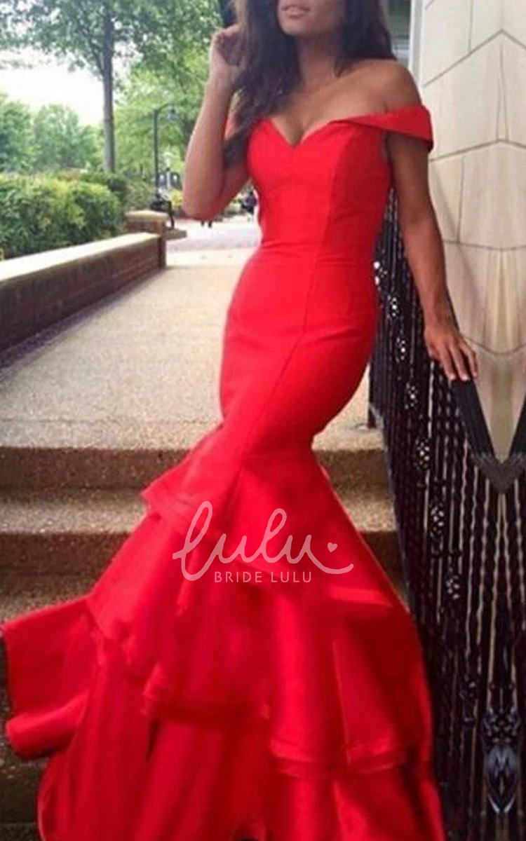 Red Off-Shoulder Mermaid Prom Dress with Ruffles and Sexy Look