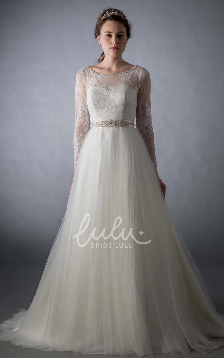 A-Line Tulle Wedding Dress with Lace Scoop Neck & Long Sleeve