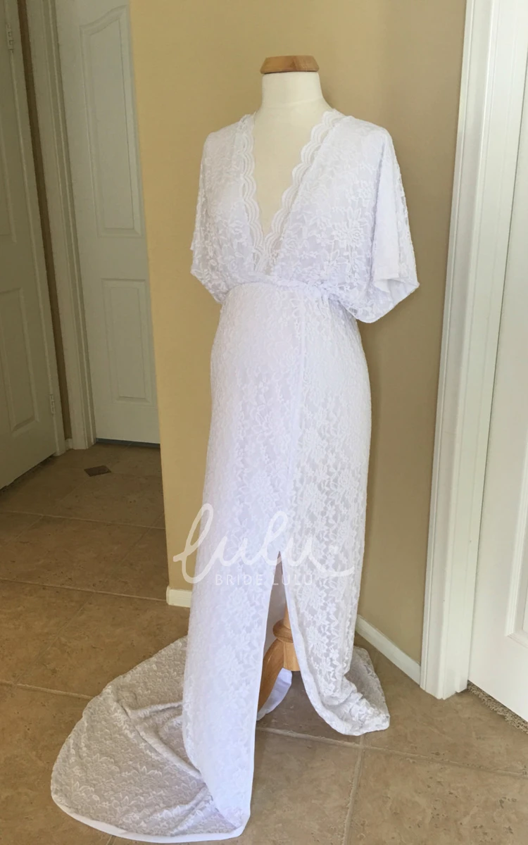 Lace Scalloped V-neck Short Sleeve Maternity Wedding Dress A-line Split Front