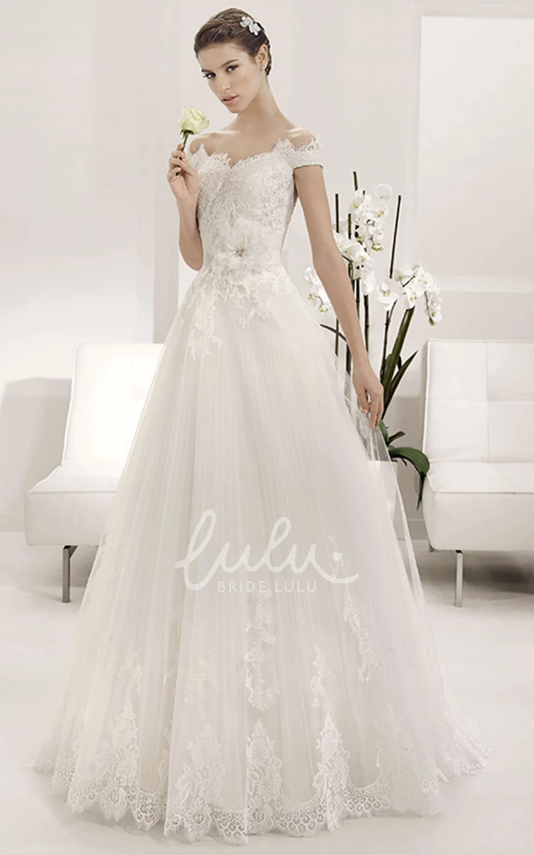 Off Shoulder A-line Tulle Gown with Lace Top and Flower Modern Wedding Dress