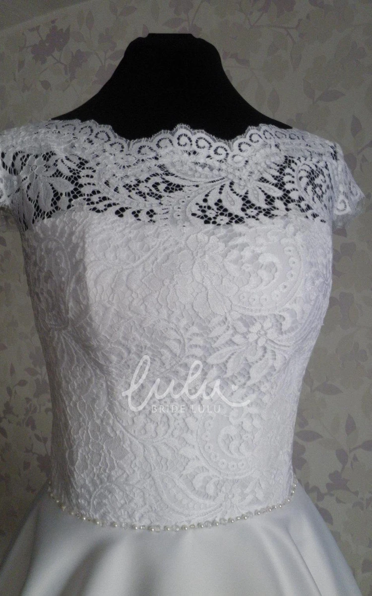 Vintage Satin Tea-Length Wedding Dress Cap Sleeve Bateau Neckline 1950s