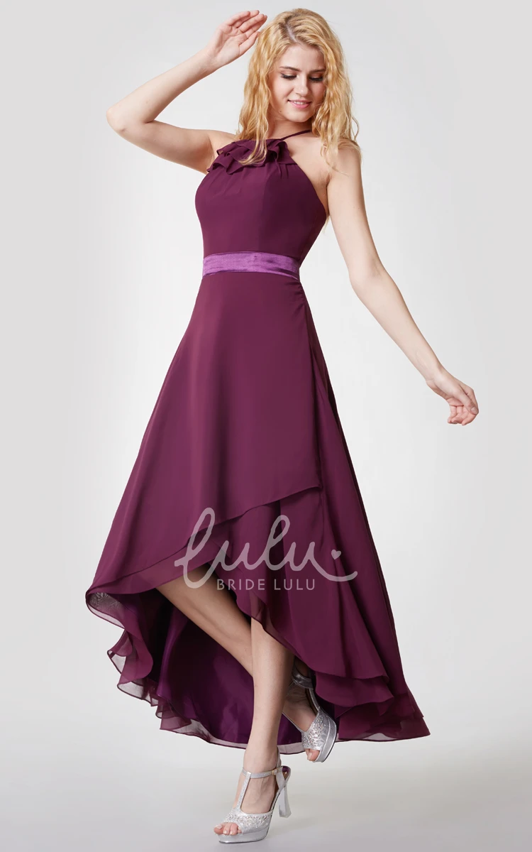 High Low Bridesmaid Dress with Sexy Back Halter & Chiffon