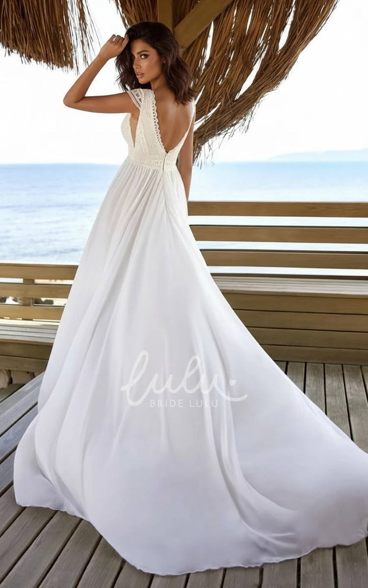 Beach A-Line Lace Boho Bridal Dress With Cap Sleeves Sexy Plunging V Neck Wedding Gown For Seaside Ceremonies