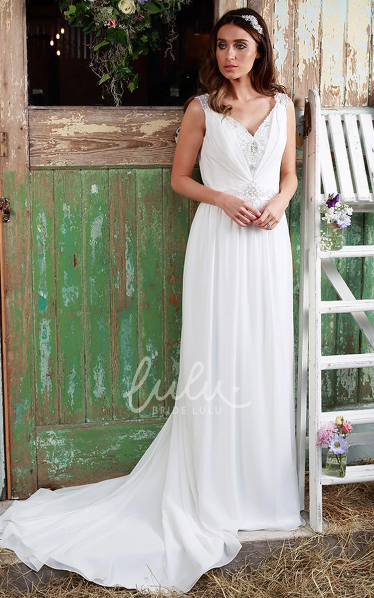 Beaded V-Neck Chiffon Wedding Dress Sleeveless Ruched