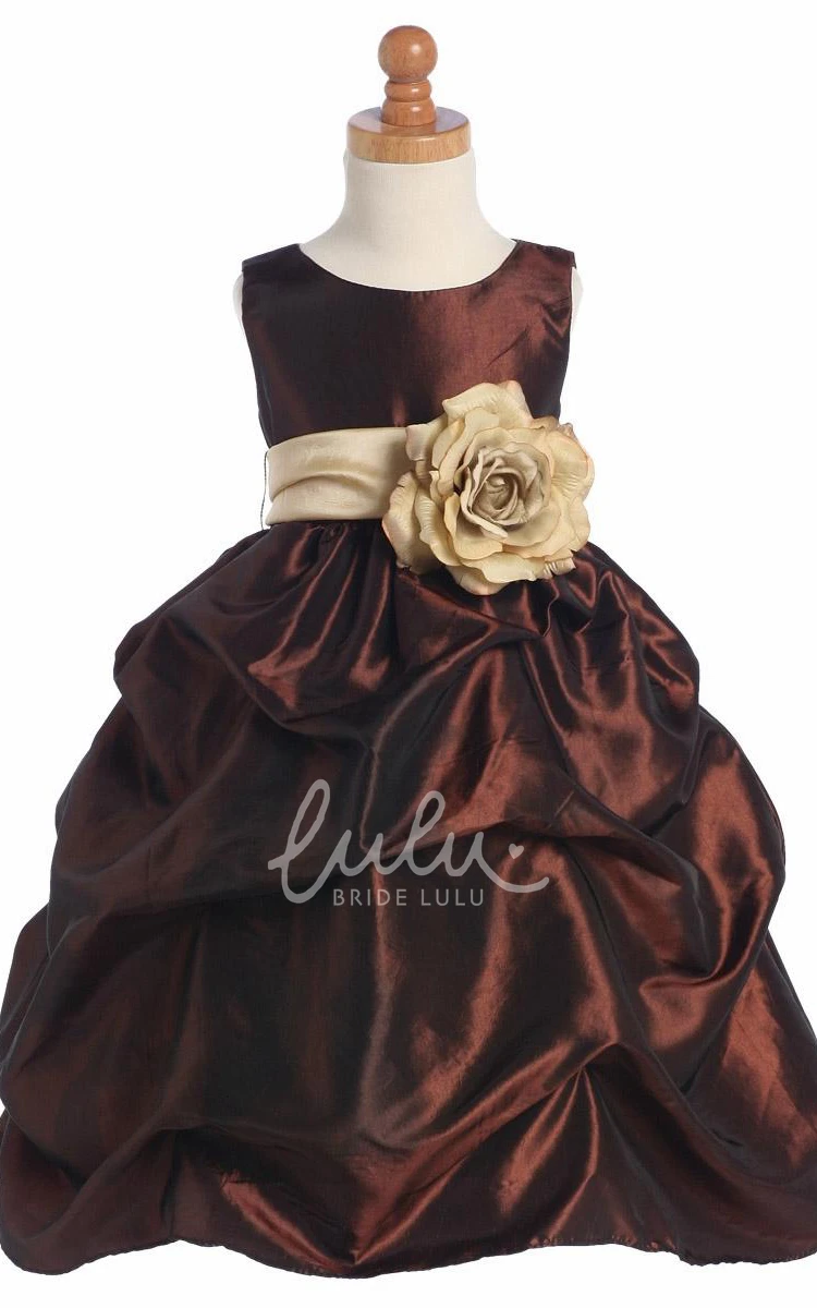 Ruched Taffeta Floral Flower Girl Dress with Sash Tea-Length Wedding Dress