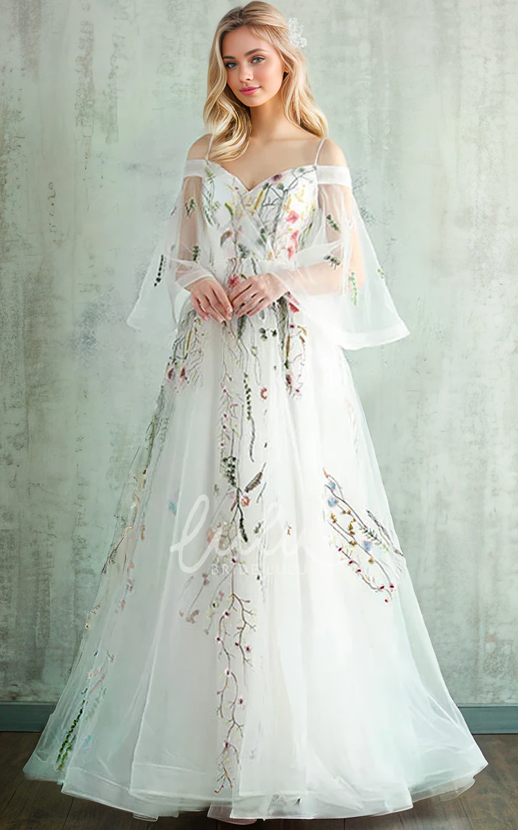 A-Line Lace Tulle Long Sleeves A-line Wedding Party Dress with Tied Back and Court Train