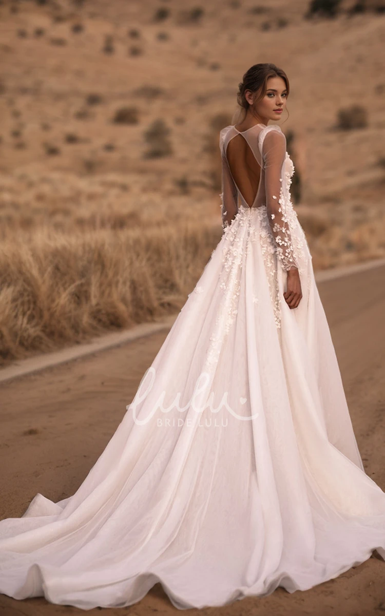 Romantic Flowers Plunging V-Neck A-Line Lace Appliques Tulle Wedding Dress Sexy Elegant Long Sleeves Floor-length Beading Backless Bridal Gown with Train