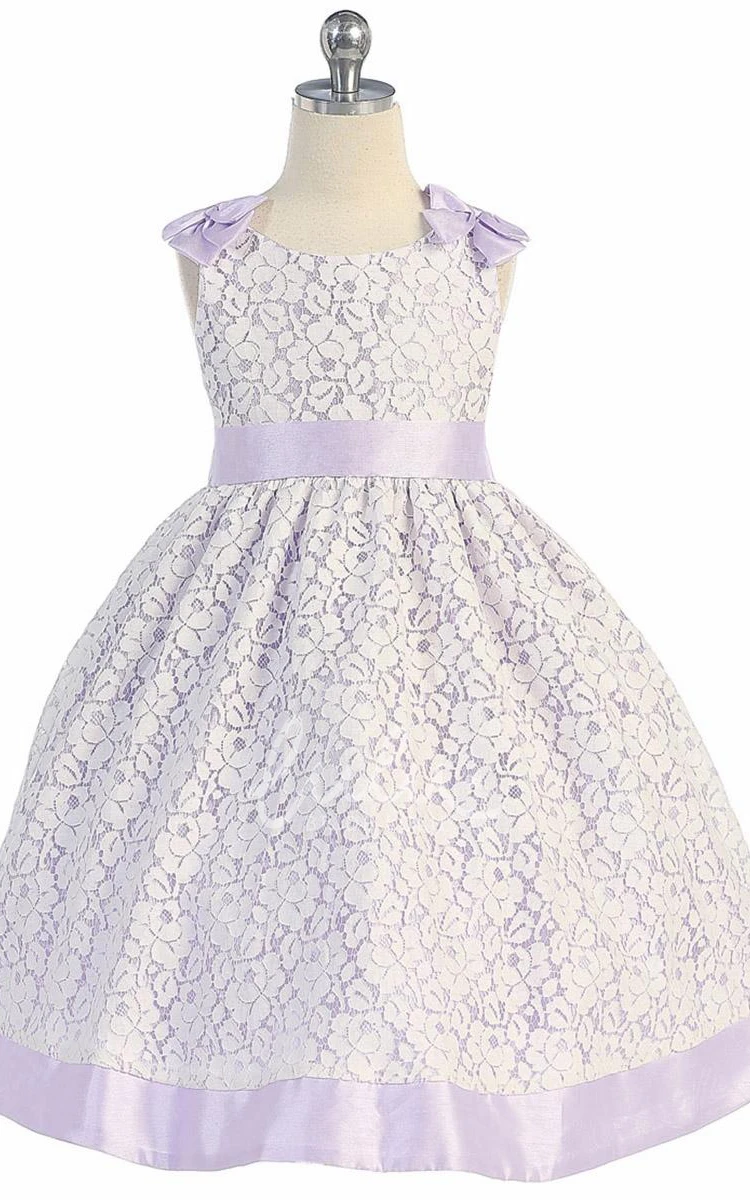 Bowed Floral Lace Tea-Length Flower Girl Dress with Sash Simple Dress for Girls
