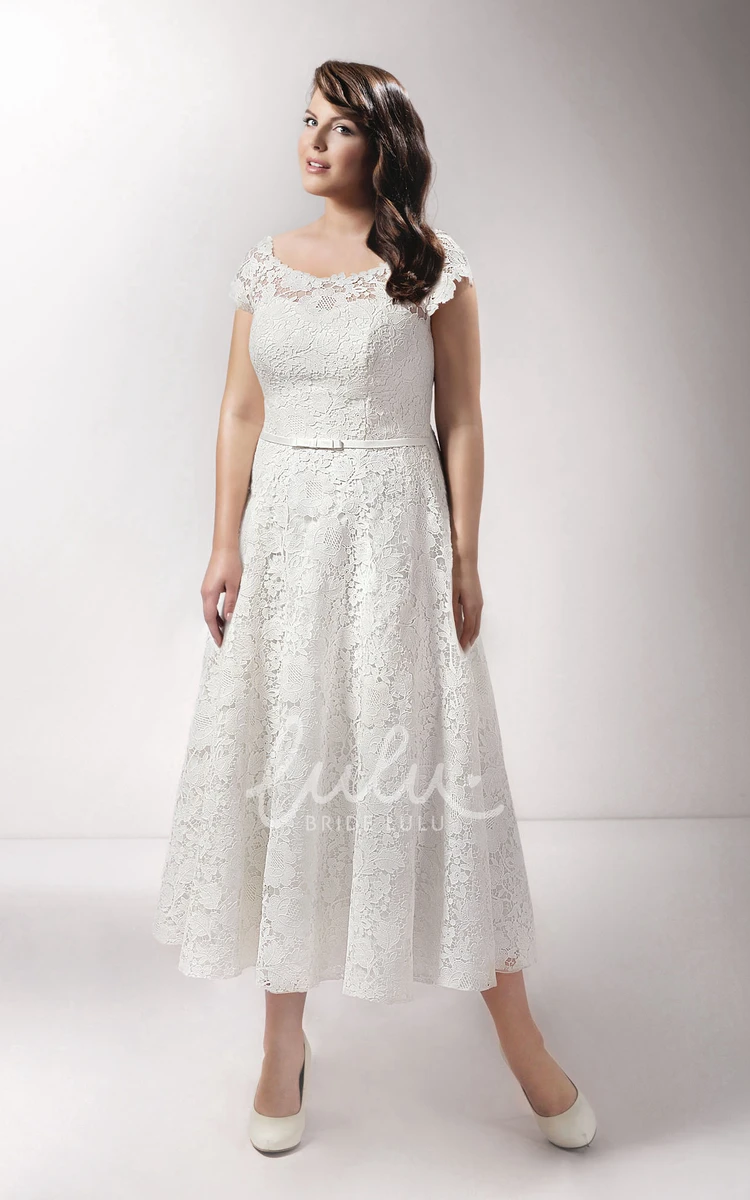 Tea-Length Lace Dress with Caped-Sleeves and Corset Back for Wedding