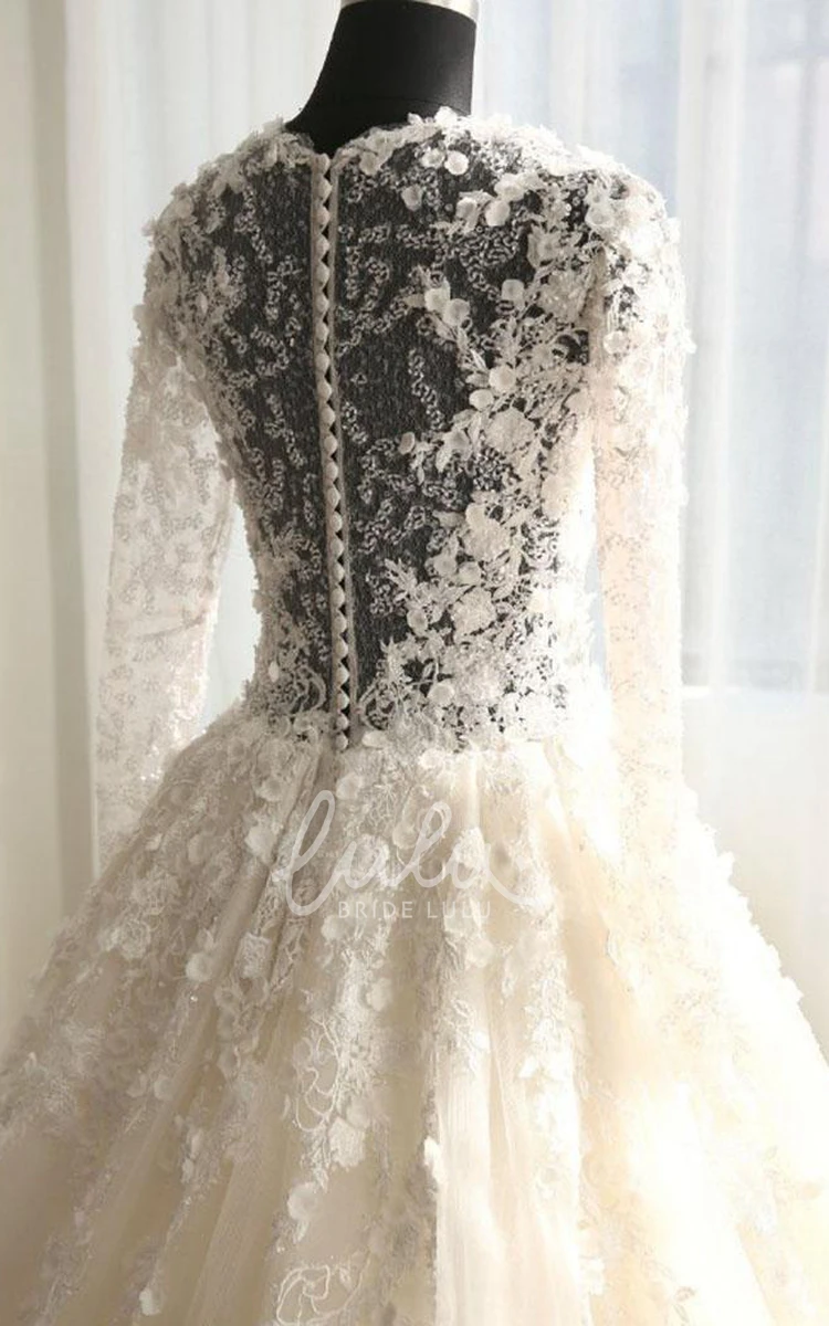 A-Line Tulle Lace Dress with Bell Sleeves Beading and Appliques