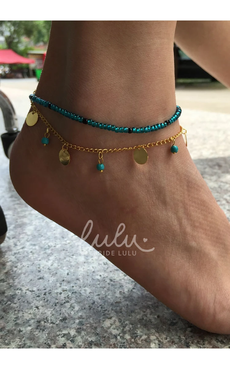 Turquoise Layered Summer Wedding Anklet with Wafer Design