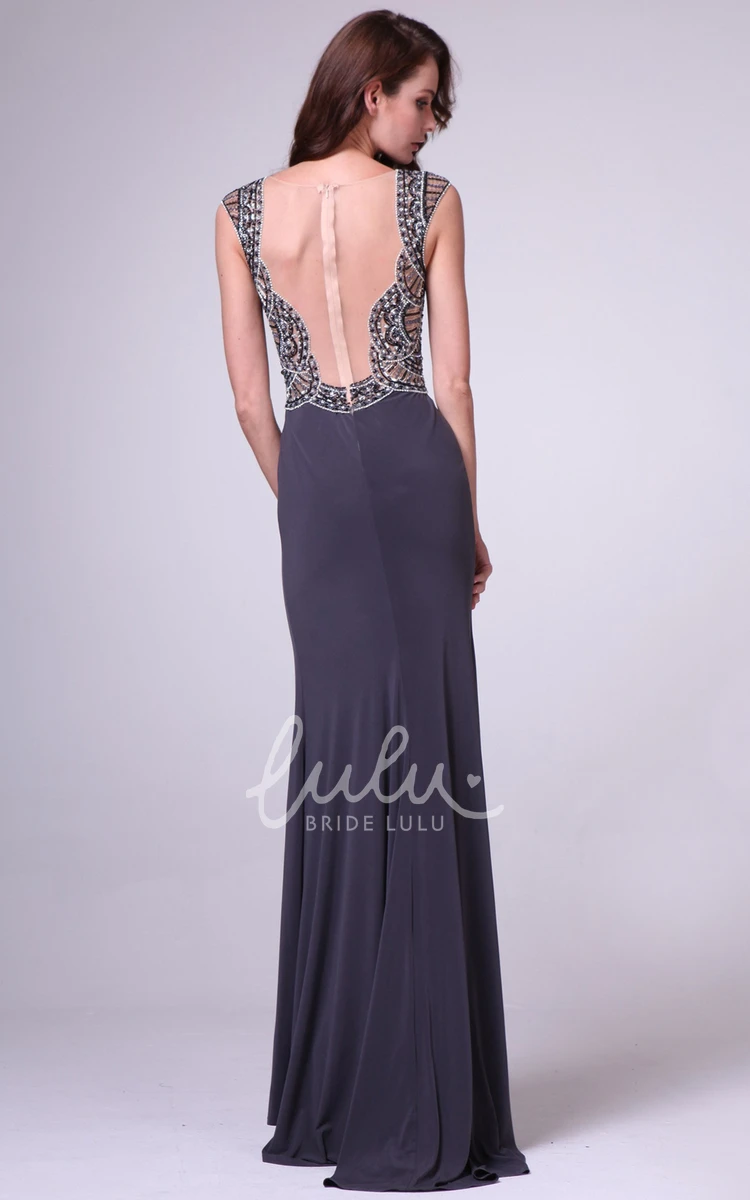 Cap-Sleeve Jersey Illusion Sheath Prom Dress with Beading and Split Front