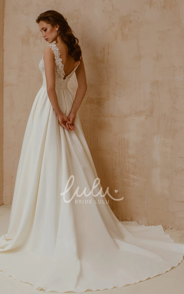 Satin Lace A-Line Wedding Dress with V-Neck Short Sleeves & Sweep Train